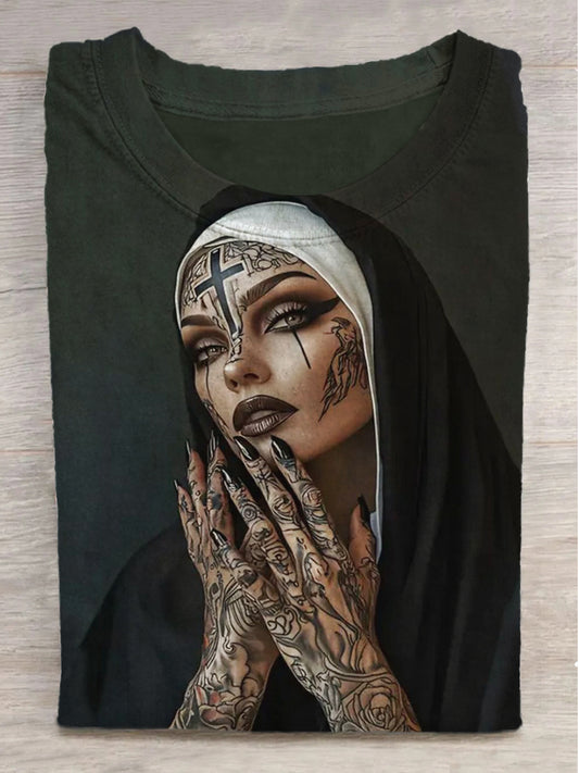 Tattooed Cross Nun Printed Round Neck Short Sleeve T-Shirt
