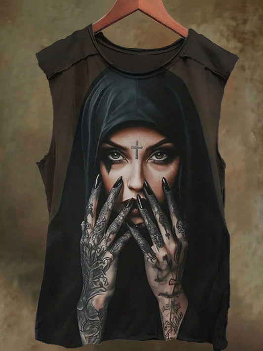 Unisex Cross Tattoo Nun Print Casual Cotton Tank Top