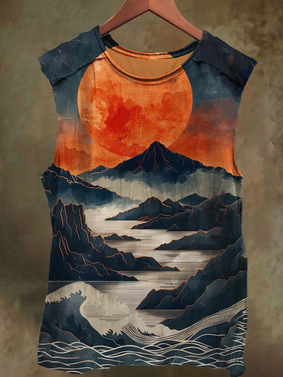 Unisex Sunset Mountains Print Casual Cotton Tank Top