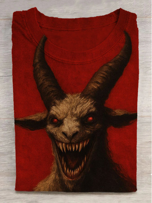 Dark Horror Goat Print Round Neck Short Sleeve T-Shirt