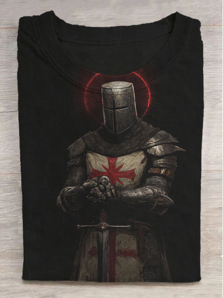 Knight of the Cross Faith Printed Round Neck Short Sleeve T-Shirt