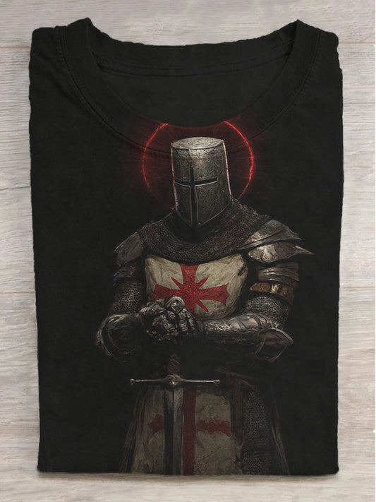 Knight of the Cross Faith Printed Round Neck Short Sleeve T-Shirt
