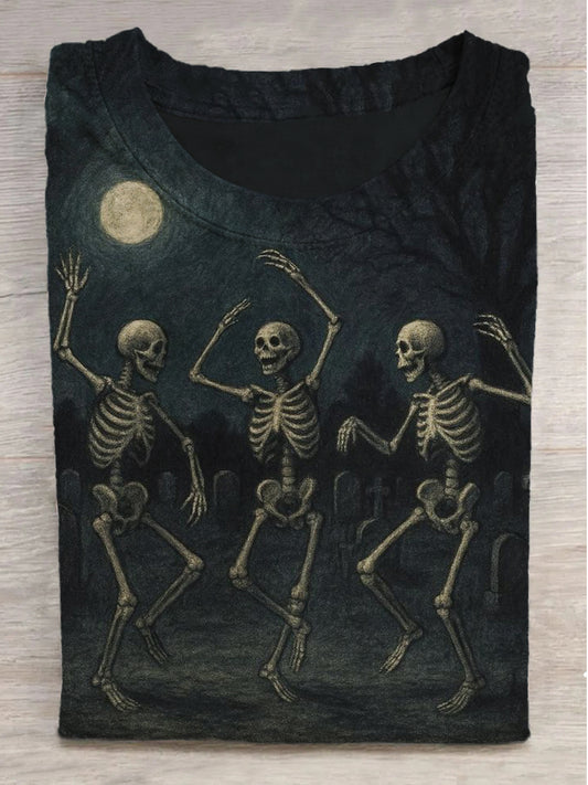 Tomb Side Skull Dance Print Round Neck Short Sleeve T-Shirt