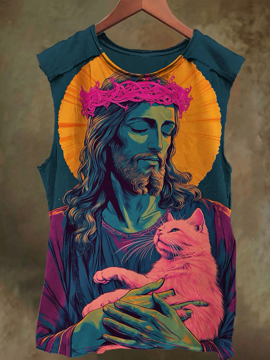 Unisex Jesus and Cat Print Casual Cotton Tank Top