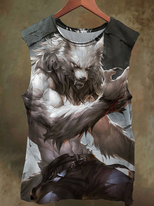 Unisex White Wolf Warrior Print Casual Cotton Tank Top