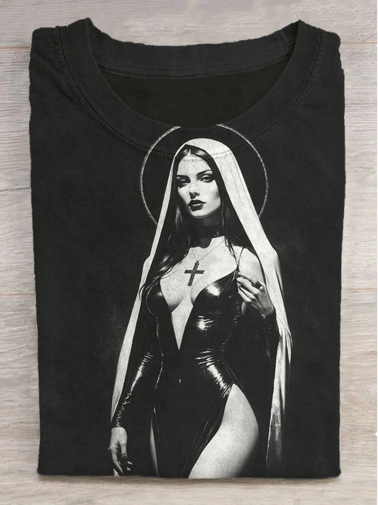 Cross Dark Nun Print Round Neck Short Sleeve T-Shirt