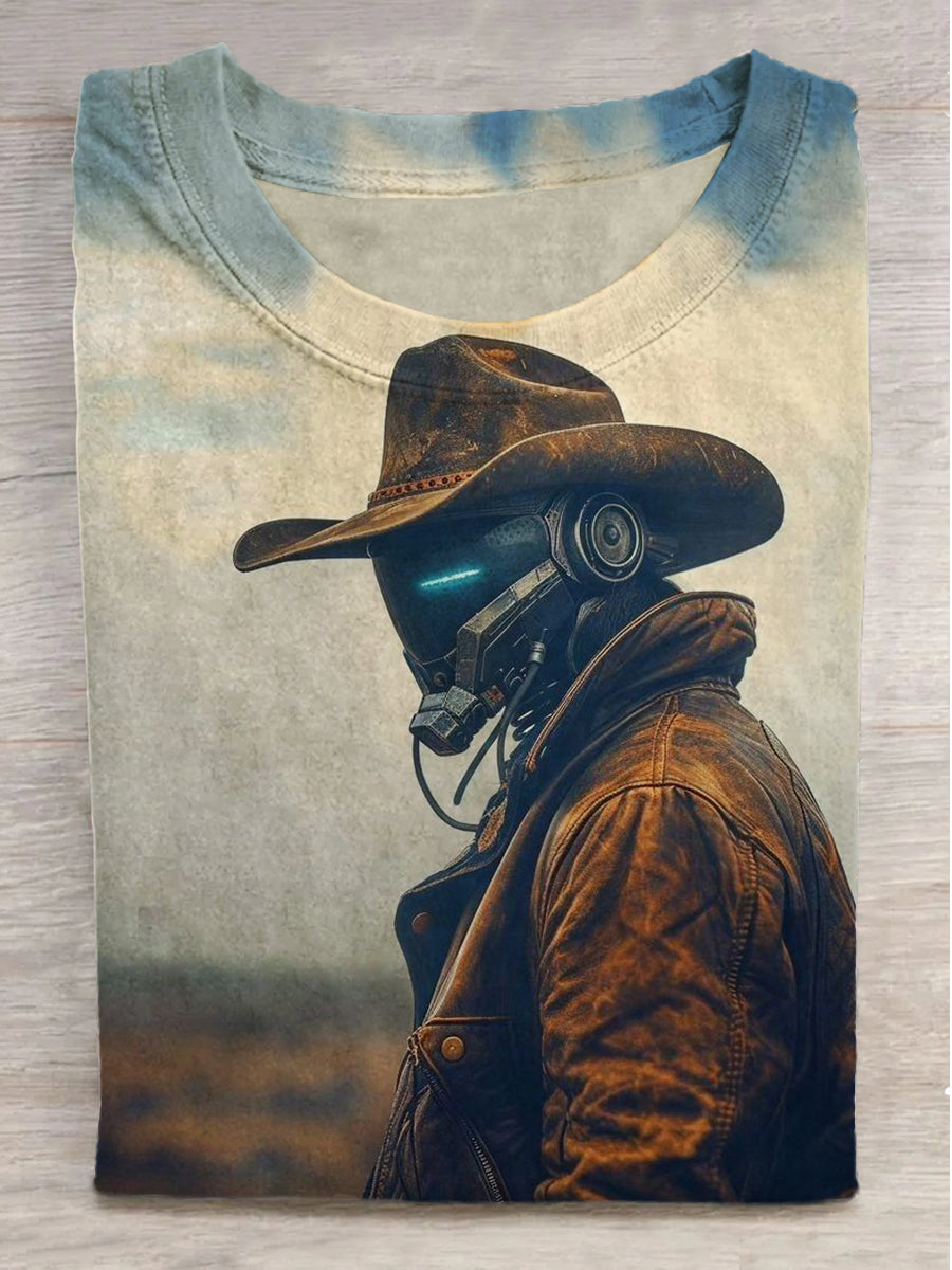 Mechanical Cowboy Printed Round Neck Short Sleeve T-Shirt