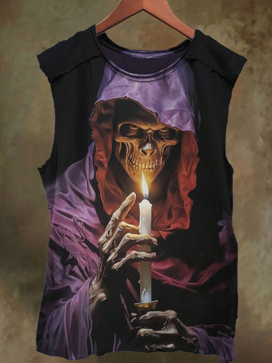 Unisex Candle Skull Print Casual Cotton Tank Top