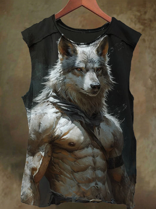 Unisex Muscle White Wolf Print Casual Cotton Tank Top
