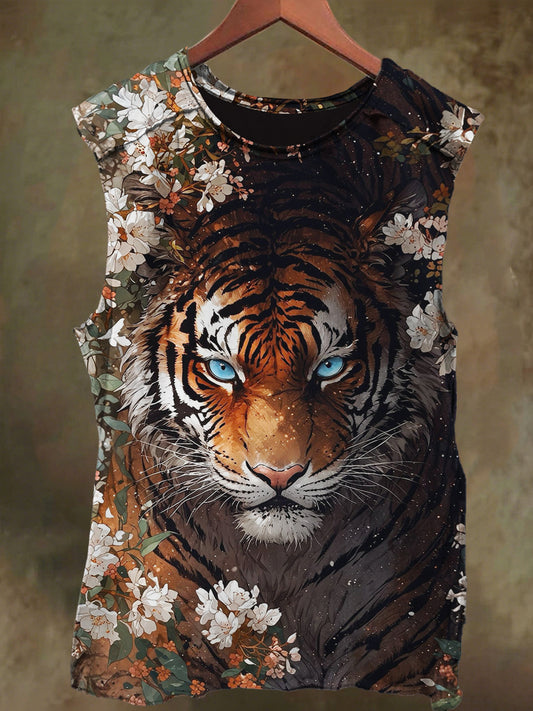Unisex Tiger Cherry Blossom Print Casual Cotton Tank Top