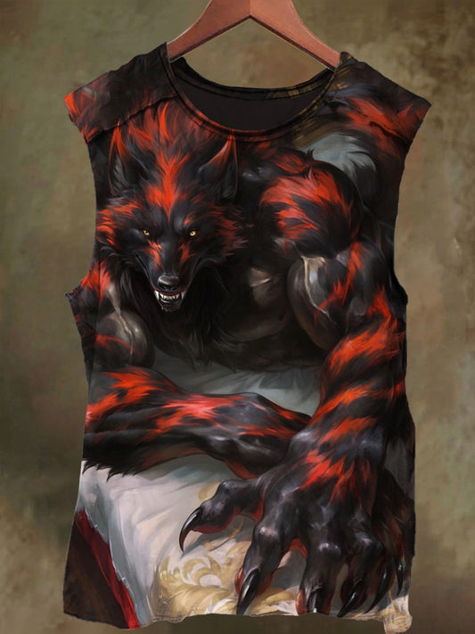 Unisex Black Wolf Warrior Print Casual Cotton Tank Top