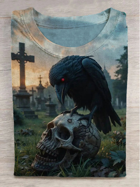 Cross Crow Skull Print Round Neck Short Sleeve T-Shirt