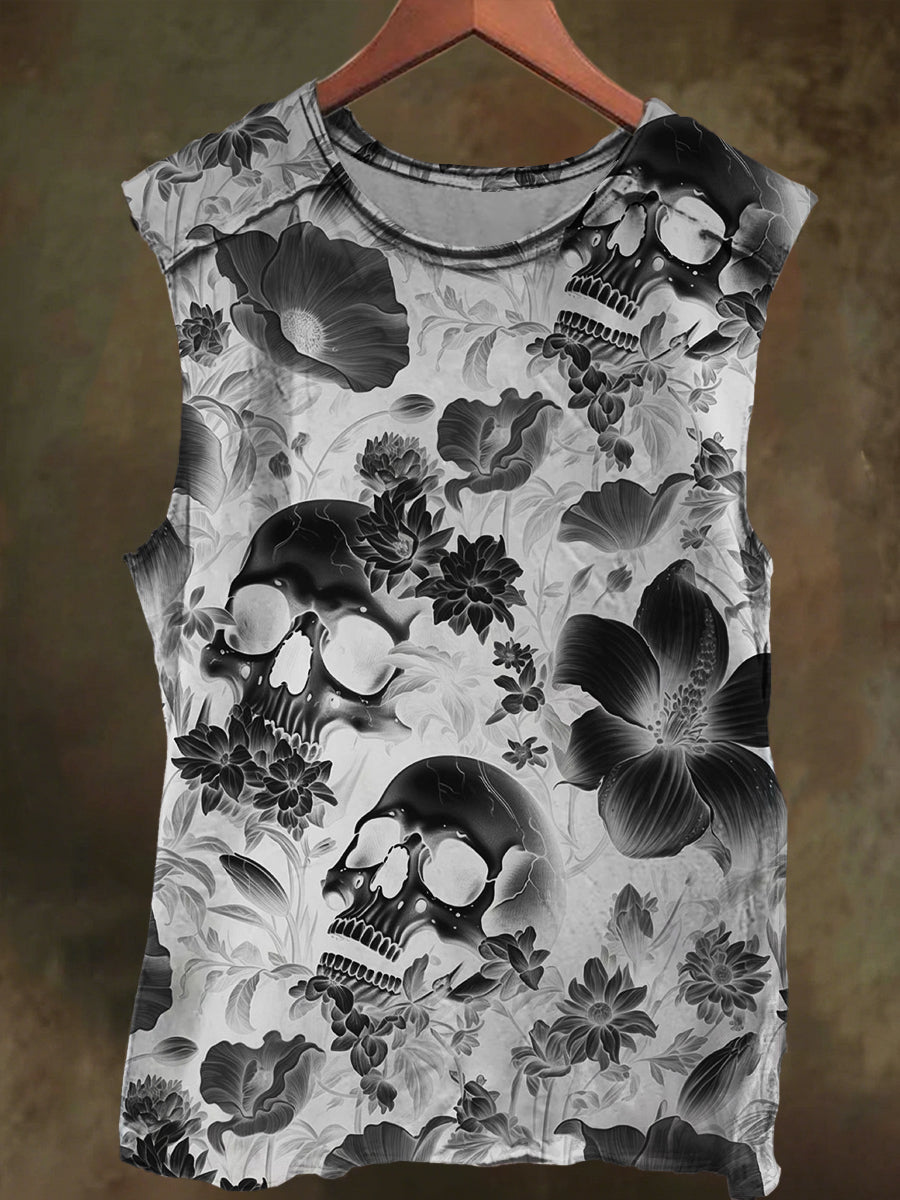 Unisex Skull Floral Shadow Print Casual Cotton Tank Top