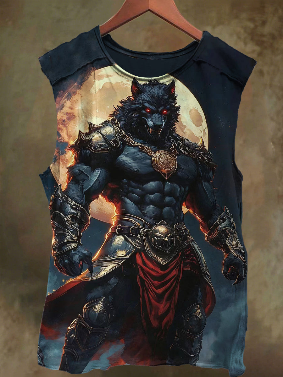 Unisex Under the Moon Wolf Warrior Print Casual Cotton Tank Top
