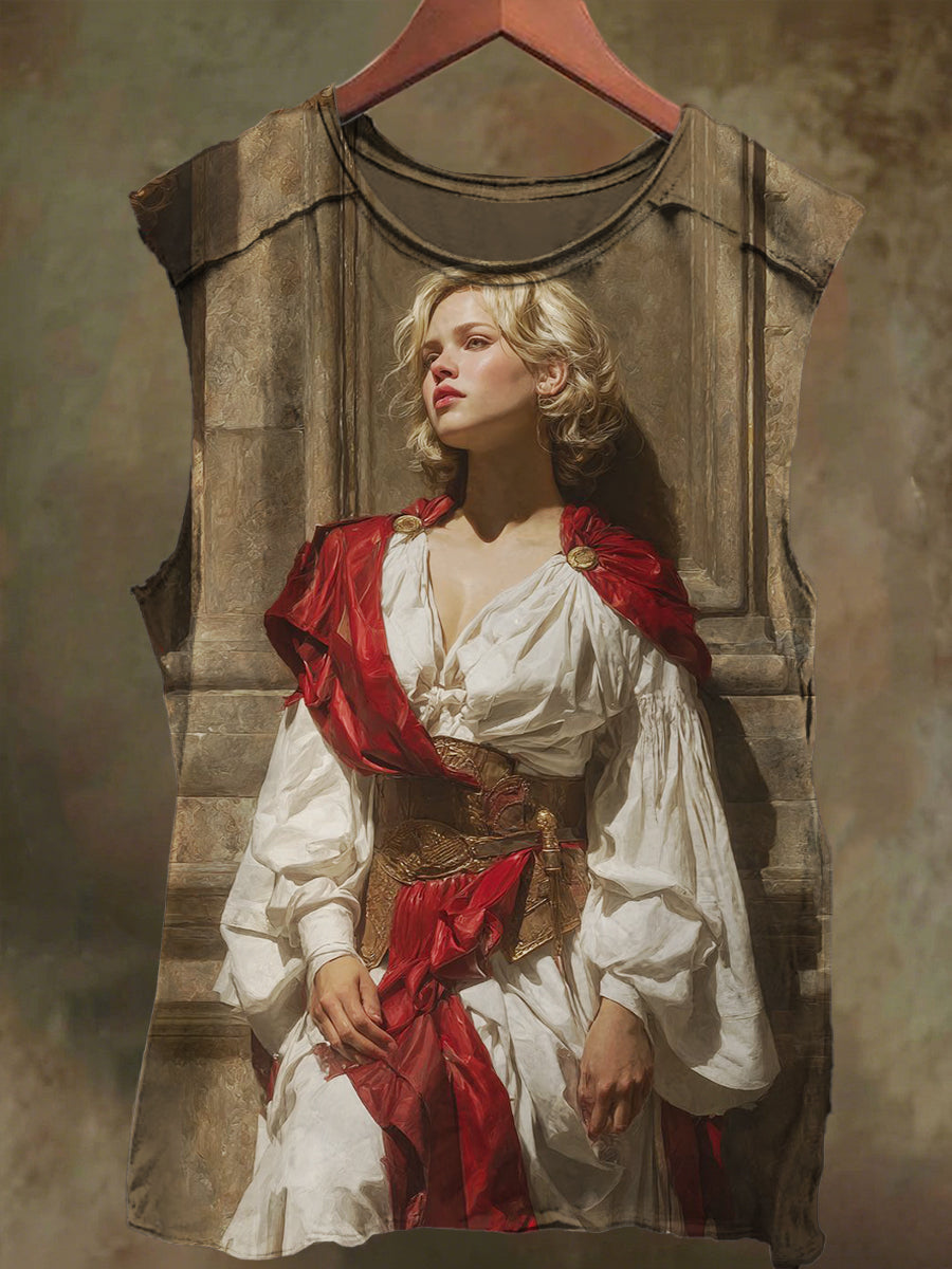 Unisex Medieval Oil Painting Girl Print Casual Cotton Tank Top