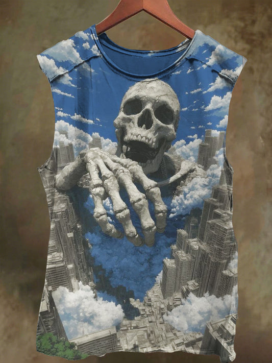 Unisex Skull Mansion Print Casual Cotton Tank Top