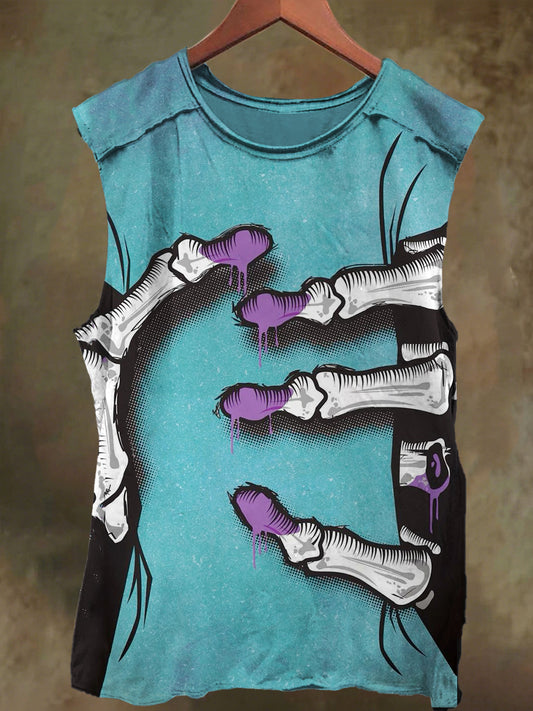 Unisex visual illusion skull palm print casual cotton tank top