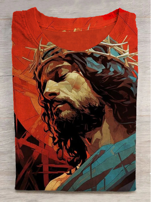Thorn Jesus Graffiti Print Round Neck Short Sleeve T-Shirt