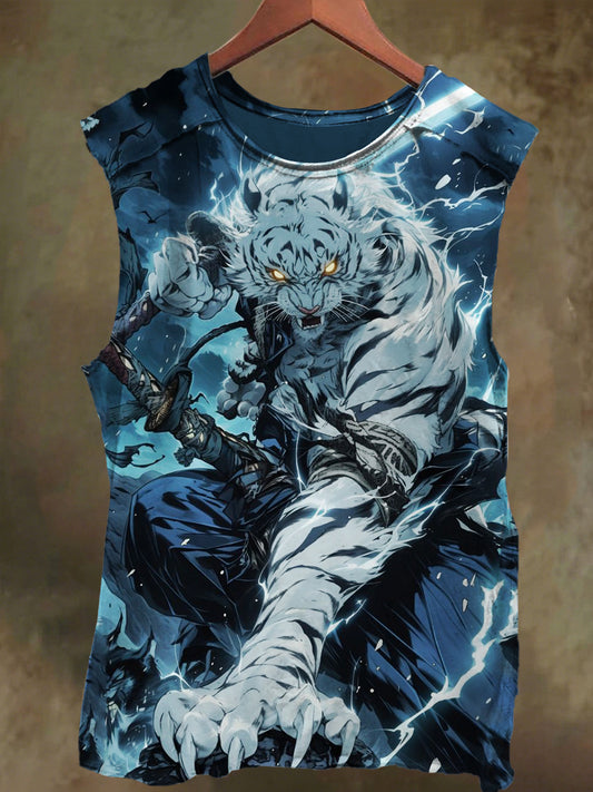Unisex White Tiger Warrior Print Casual Cotton Tank Top