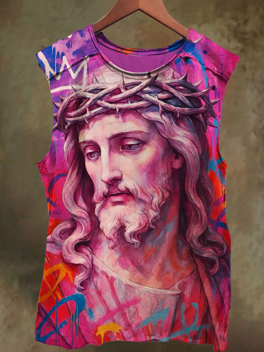 Unisex Colorful Jesus Graffiti Print Casual Cotton Tank Top