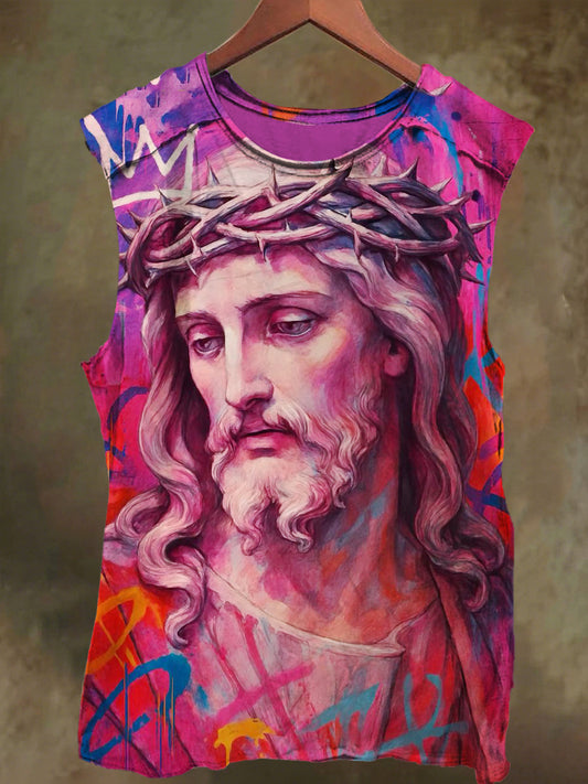 Unisex Colorful Jesus Graffiti Print Casual Cotton Tank Top