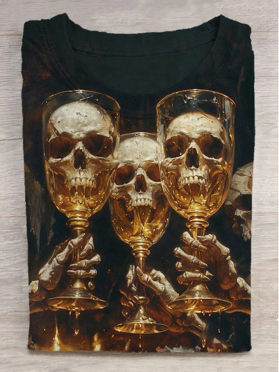 Skull Wine Glass Print Round Neck Short Sleeve T-Shirt