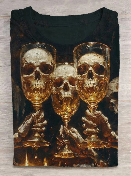 Skull Wine Glass Print Round Neck Short Sleeve T-Shirt