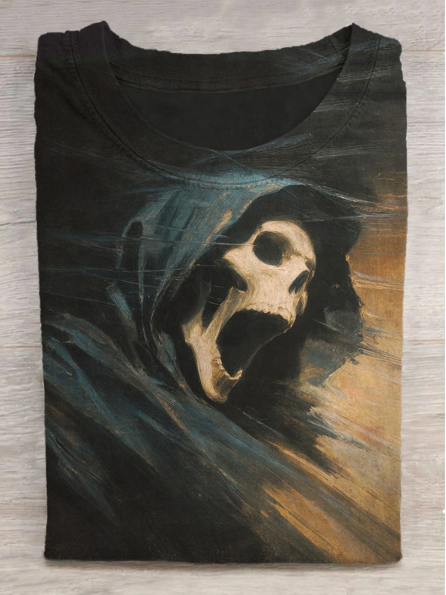 Surprise Scream Skull Print Round Neck Short Sleeve T-Shirt