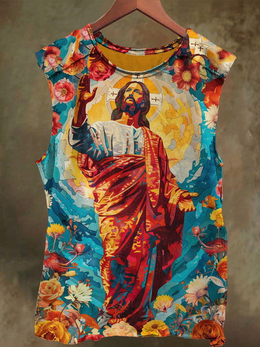 Unisex Cross Jesus Floral Print Casual Cotton Tank Top