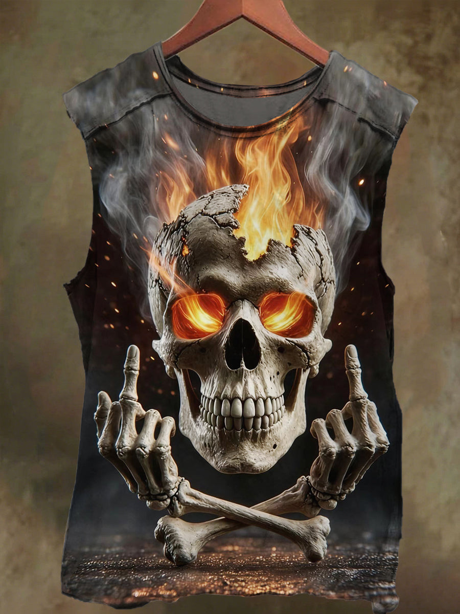 Unisex Flame Middle Finger Skull Print Casual Cotton Tank Top