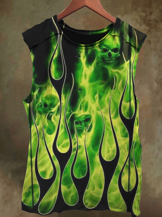 Unisex Fluorescent Flame Skull Print Casual Cotton Tank Top
