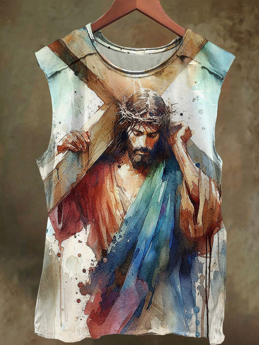Unisex Watercolor Cross Jesus Print Casual Cotton Tank Top