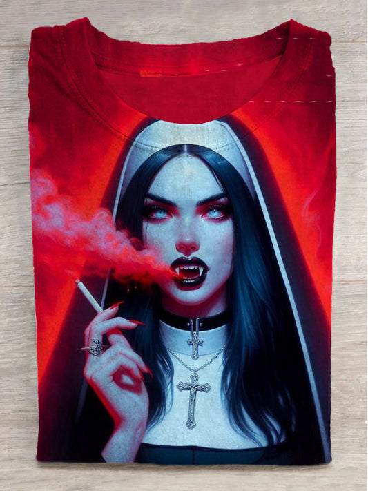 Smoking Nun Graffiti Print Round Neck Short Sleeve T-Shirt