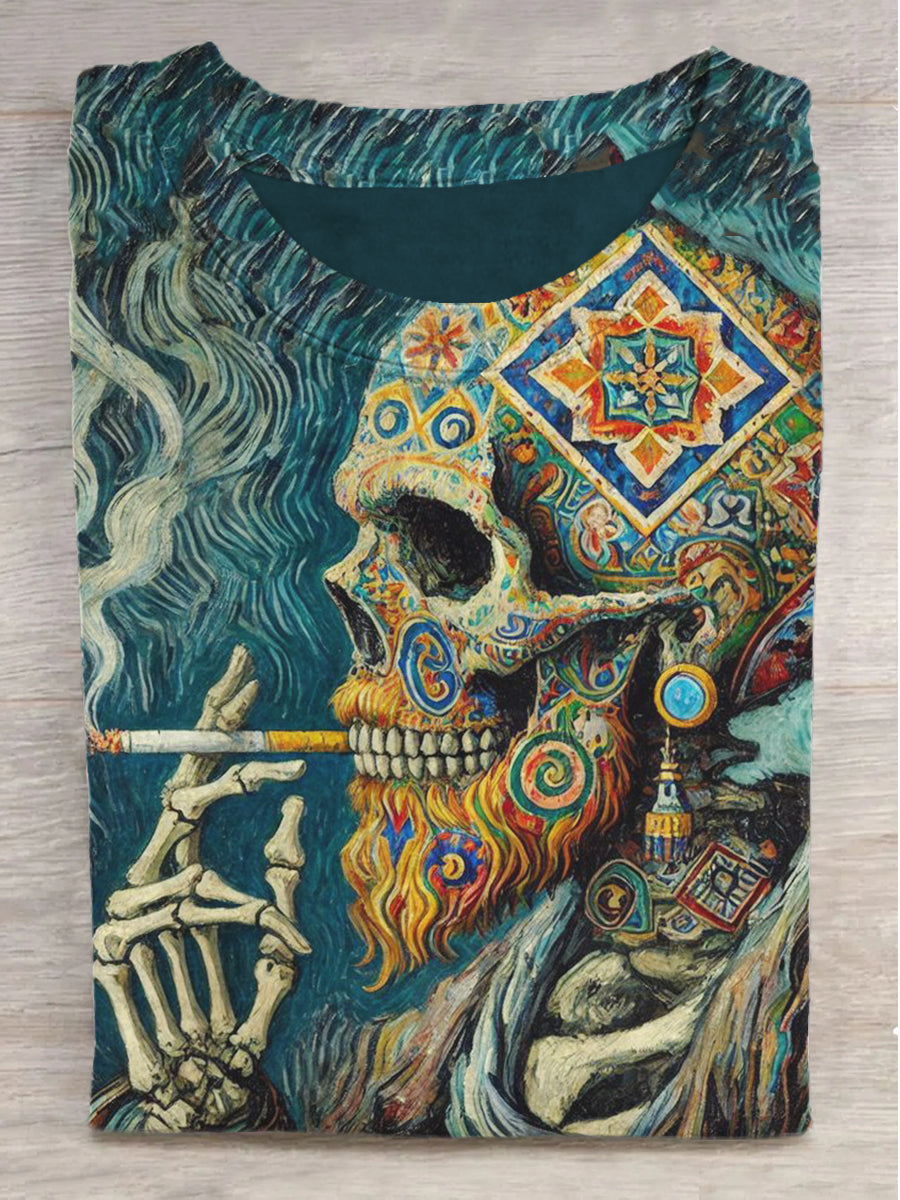 Smoking Graffiti Ethnic Skull Print Round Neck Short Sleeve T-Shirt