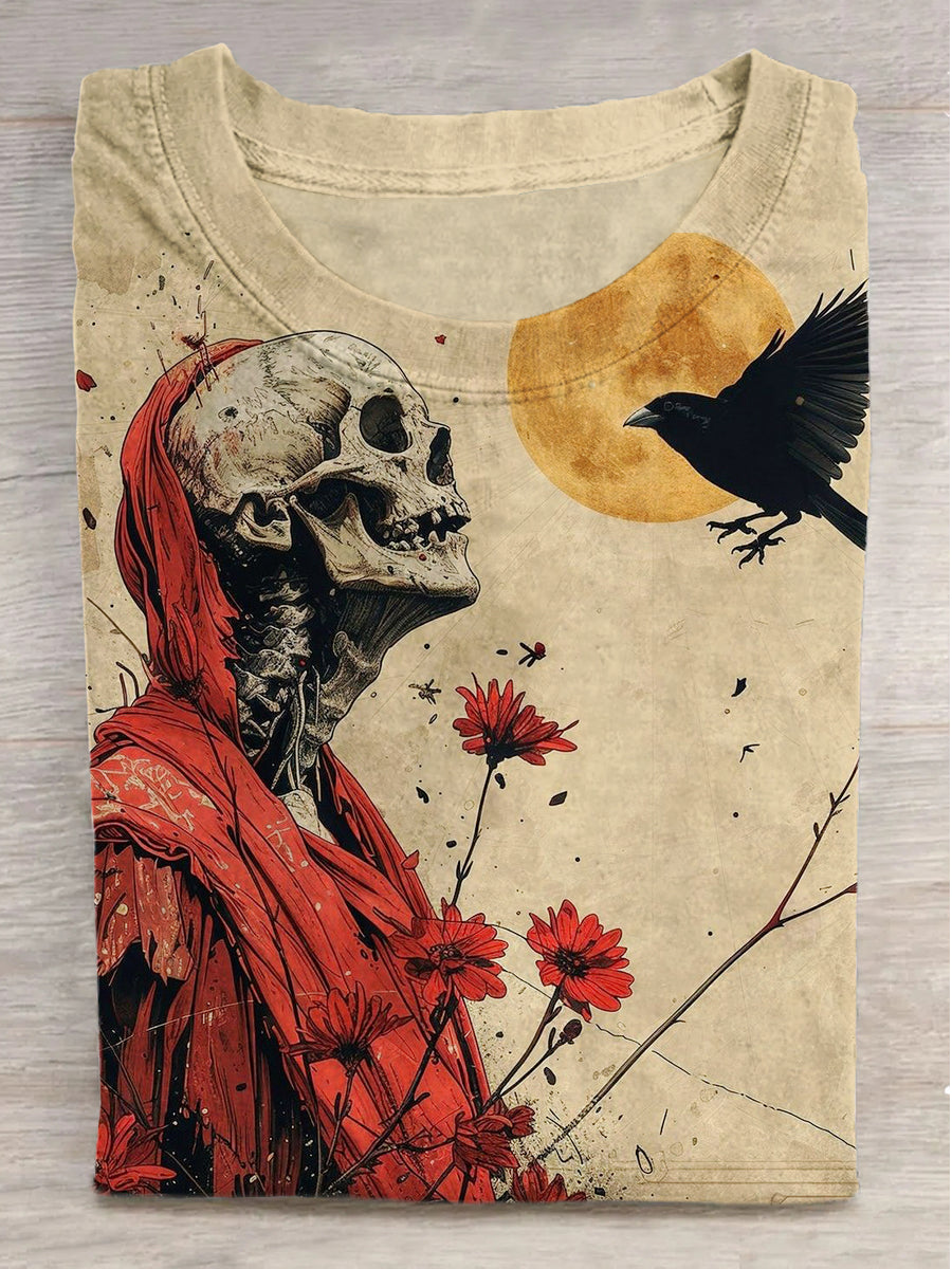 Raven Landscape Skull Print Round Neck Short Sleeve T-Shirt