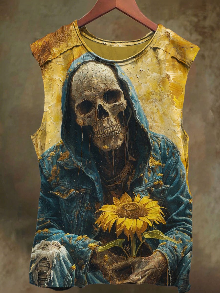 Unisex Sunflower Skull Print Casual Cotton Tank Top