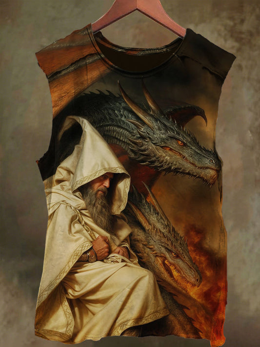 Unisex Dragon and Wizard Print Casual Cotton Tank Top