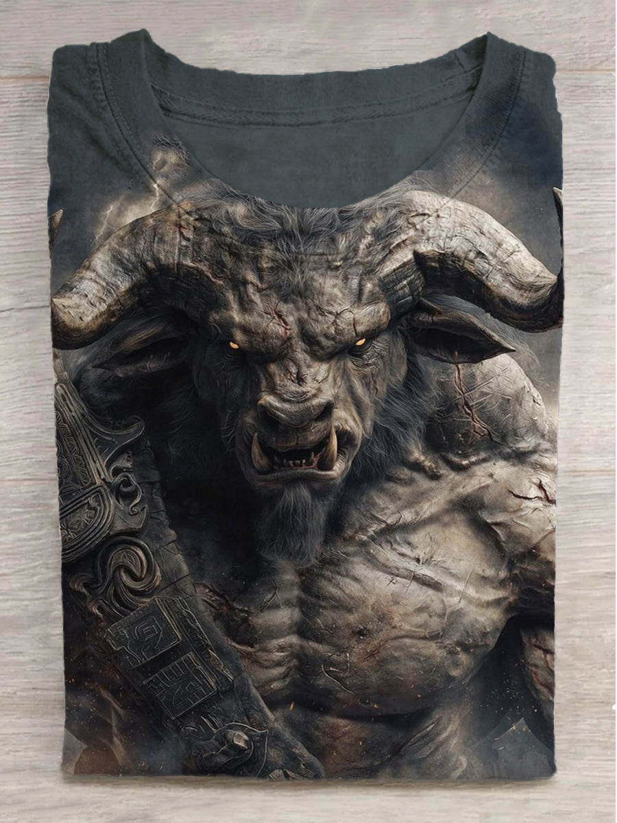 Muscle Bull Warrior Printed Round Neck Short Sleeve T-Shirt