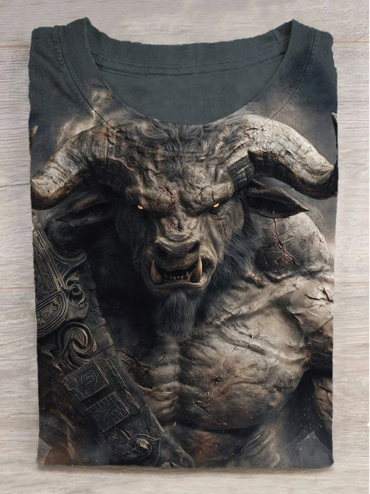 Muscle Bull Warrior Printed Round Neck Short Sleeve T-Shirt