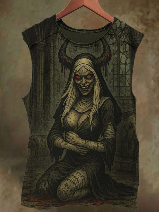 Unisex Devil's Nun Print Casual Cotton Tank Top