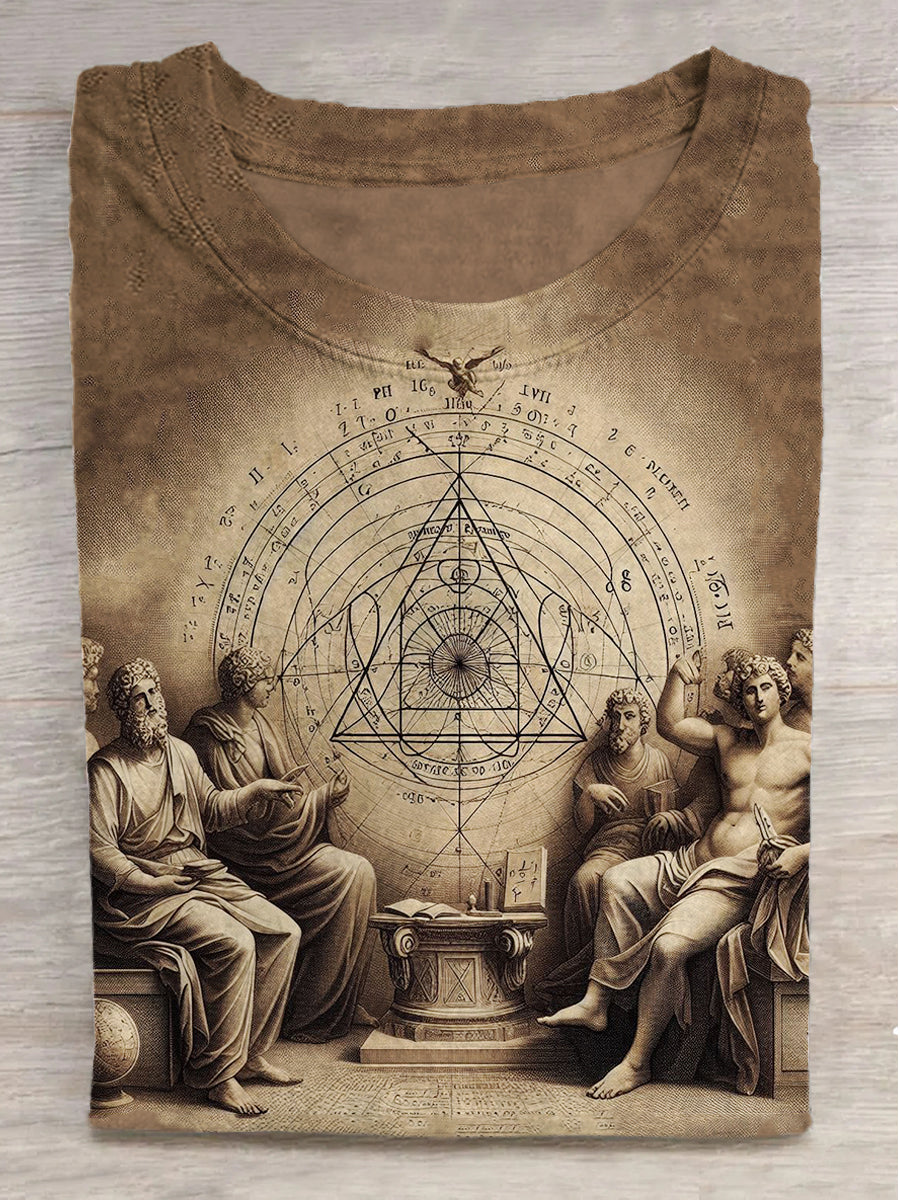 Mythical Sculpture Printed Round Neck Short Sleeve T-Shirt