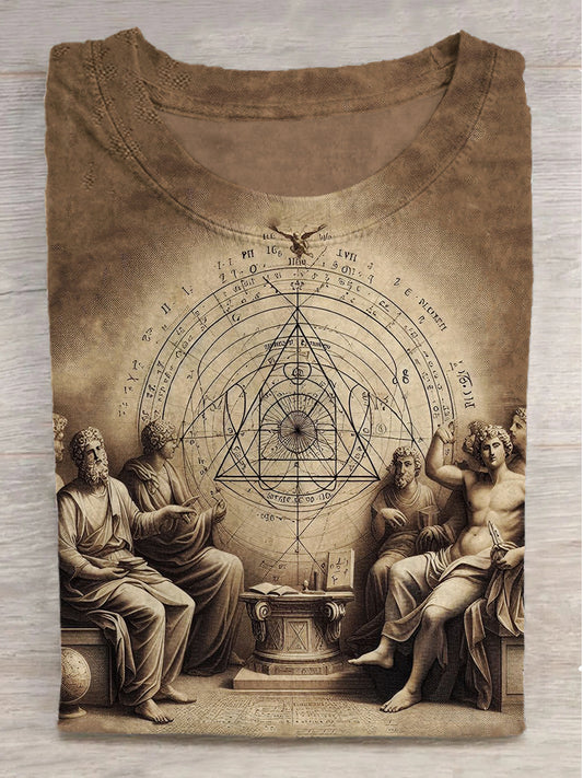 Mythical Sculpture Printed Round Neck Short Sleeve T-Shirt