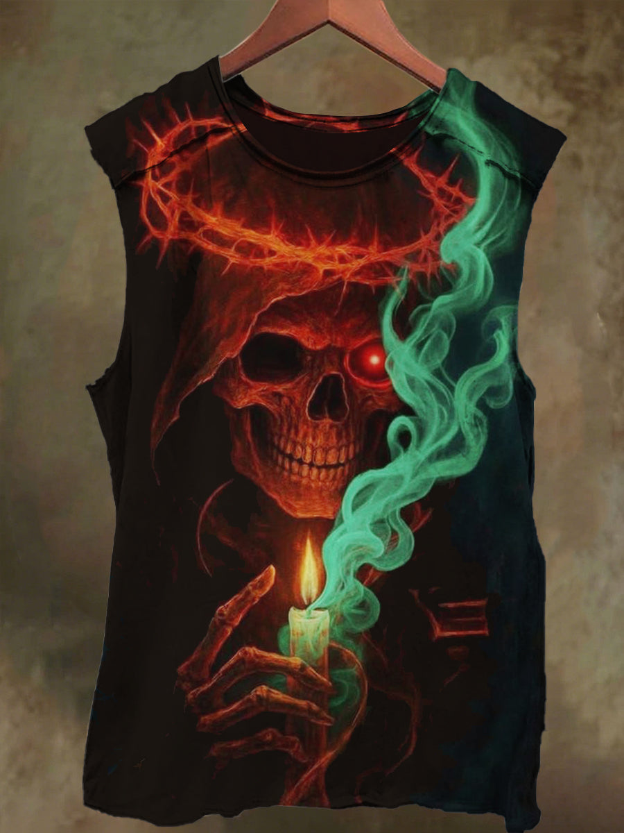 Unisex Candle Thorn Skull Print Casual Cotton Tank Top