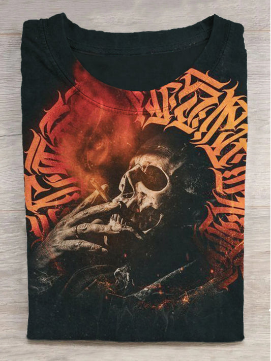 Rune Smoking Skull Print Round Neck Short Sleeve T-Shirt