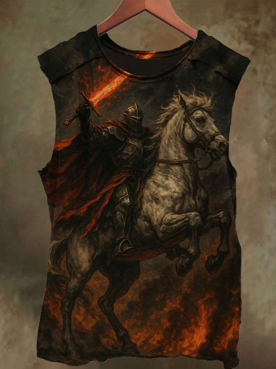 Unisex Rider on Horseback Print Casual Cotton Vest