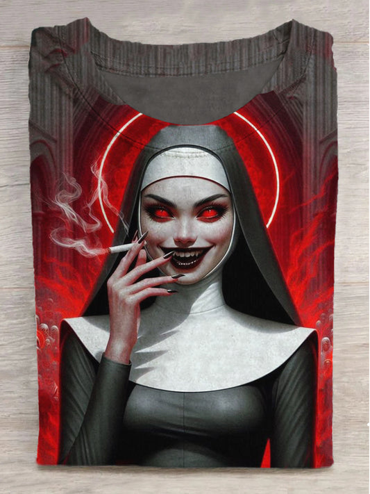Gothic Nun Print Round Neck Short Sleeve T-Shirt