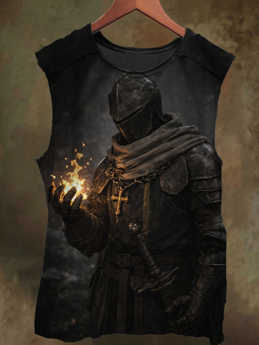 Unisex Flaming Knight Print Casual Cotton Tank Top