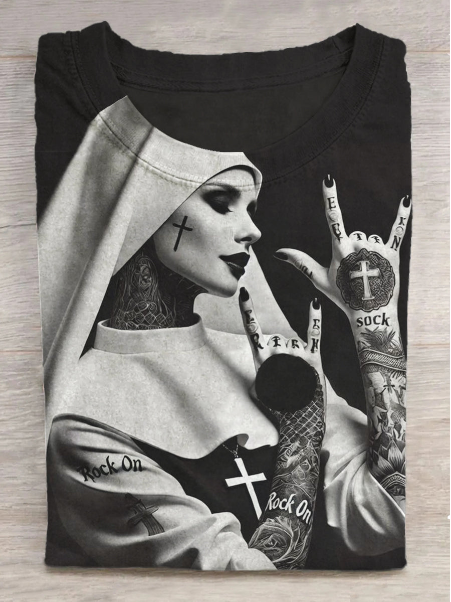 Cross Tattoo Nun Printed Round Neck Short Sleeve T-Shirt