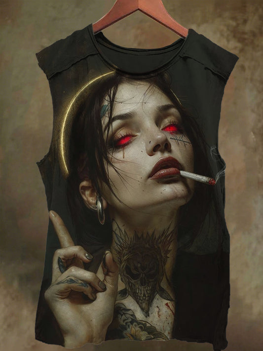 Unisex Tattoo Smoking Girl Print Casual Cotton Tank Top