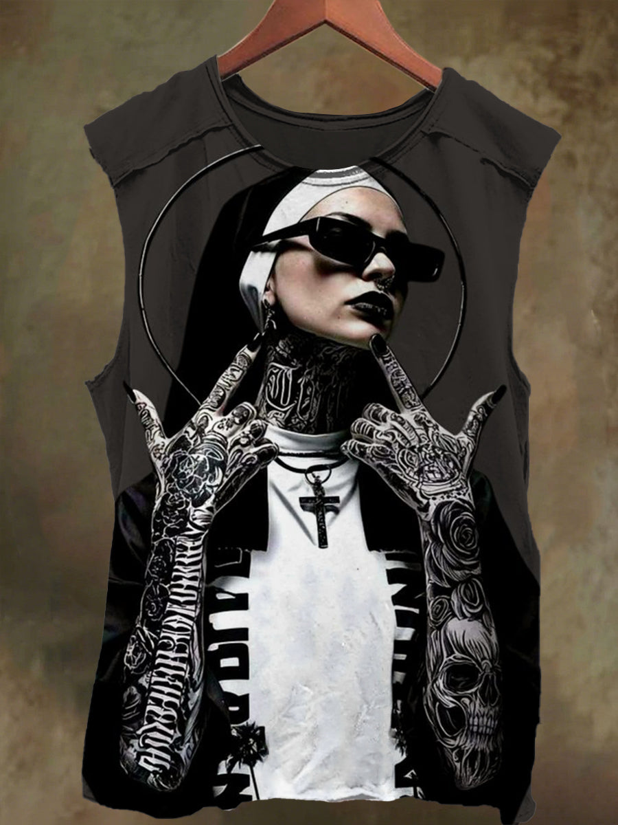Unisex Tattoo Sunglasses Nun Print Casual Cotton Tank Top